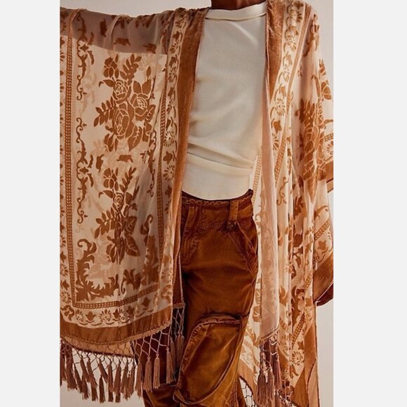 Free People Tops - Free People Night Bird Burn Out Kimono Tassels Sheer Brown Gold Boho One Size